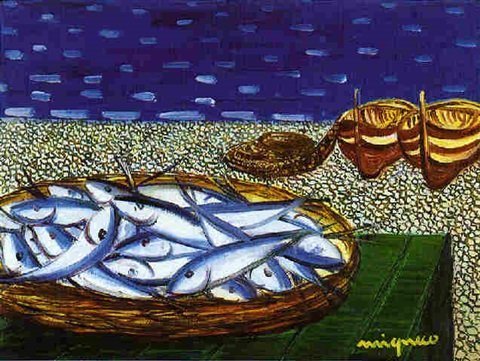 cesta di pesci sulla spiaggia - opera di giuseppe migneco